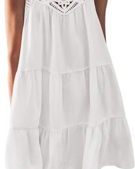 BTFBM Women’s Summer Hollow Out Halter Dresses Casual Sleeveless A-Line Tiered Swing Sundress Beach Vacation Mini Dress