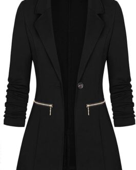 Genhoo Women’s Long Sleeve Blazer Open Front Cardigan Jacket Work Office Blazer with Zipper Pockets S-3XL