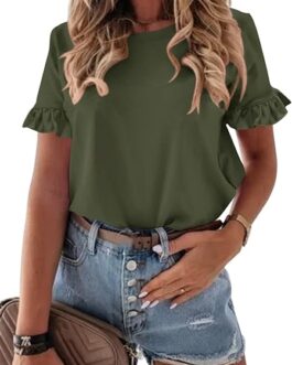 PRETTYGARDEN Women’s Short Sleeve Casual T Shirts Summer Ruffle Plain Round Neck Loose Fit Tee Blouse Tops