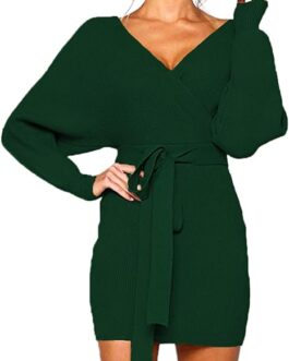 Mansy Women’s Sexy Cocktail Batwing Long Sleeve Backless Mock Wrap Knit Sweater Mini Dress