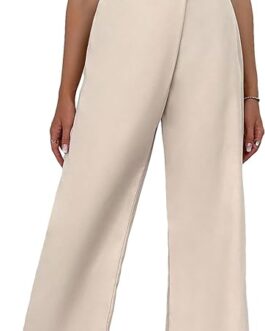 SweatyRocks Women’s High Waist Wide Leg Button Front Pants Asymmetrical Waist Zipper Solid Trousers