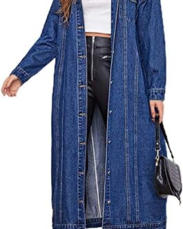 chouyatou Women’s Fashion Spring Button Down Midi Long Denim Jean Jacket Trench Coat