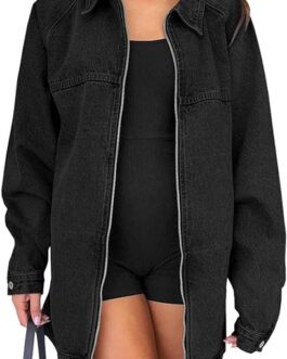 Tankaneo Womens Oversized Denim Jackets Casual Zip up Spring Long Sleeve Jean Jacket with Pocket