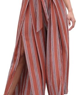 BerryGo Women’s Boho Linen Flowy High Waisted Pants Elegant Split Stripe Wide Leg Pants