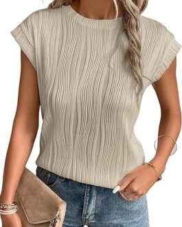 EVALESS Womens Short Sleeve Textured Tops Crewneck Knit Solid Loose Casual Basic T Shirts Tee Blouses