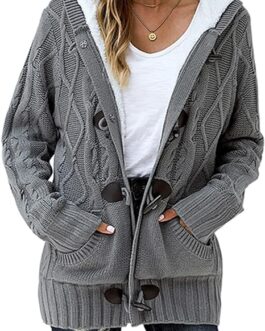 Dokotoo Womens 2023 Winter Hooded Cardigans Button Up Cable Knit Sweater Coat Outerwear with Pockets