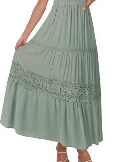 MEROKEETY Women’s Boho Elastic High Waist Pleated A-line Ruffle Lace Trim Tiered Midi Maxi Skirt with Pockets