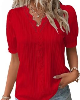 Women’s Elegant Lace V Neck Short Sleeve Solid Tops Shirt Blouse