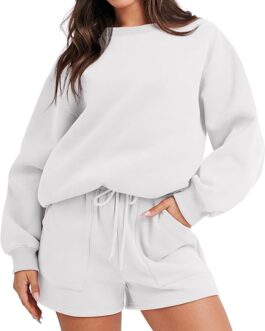 Caracilia Women 2 Piece Outfits Sweatsuit Oversized Sweatshirt Shorts Lounge Fashion Casual Pajamas Tacksuit Matching Sets