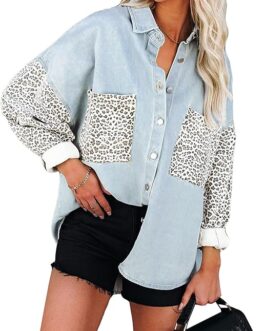 Dokotoo Womens Contrast Leopard Denim Jacket Long Sleeve Button Down Shirts Boyfriend Oversized Blouses Tops
