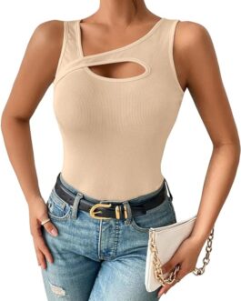 Vrtige Women’s Sexy Cut Out Asymmetrical Neck Sleeveless Fitted Tank Top Blouse