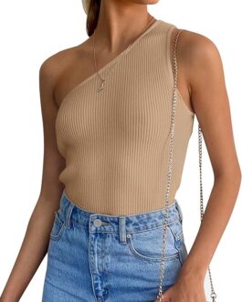 ZESICA Tank Tops for Women Summer One Shoulder Sleeveless T Shirt Ribbed Knit Slim Fit Sexy Basic Tee Top