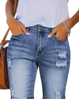 HUUSA Women’s High Waist Ripped Denim Shorts Frayed Hem Destroyed Mid Thigh Short Jeans Casual Bermuda Shorts with Pocket