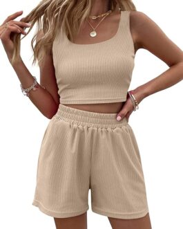 Trendy Queen Two Piece Outfits Women Summer Shorts Sets 2 Piece Sleeveless Matching Lounge Crop Top and High Waisted Shorts