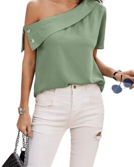 SweatyRocks Women’s Casual Short Sleeve Button Front Top Asymmetrical Cold Shoulder Blouse Shirt