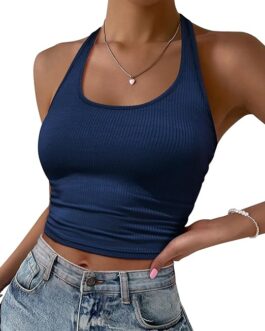 Ekouaer Women Halter Top Backless Scroop Neck Slim Stretchy Ribbed Knit Camisole Crop Tops S-XXL