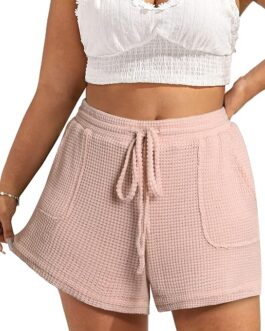Eytino Women’s Plus Size Elastic Waist Comfy Drawstring Shorts Casual Waffle Knit Shorts with Pockets(1X-5X)