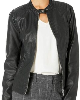 Sebby Collection Women’s Faux Leather Jacket with Moto Details and Front Zip Pockets