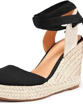 Ermonn Womens Espadrilles Wedge Sandals Platform Closed Toe Ankle Strap Lace Up Summer Shoes