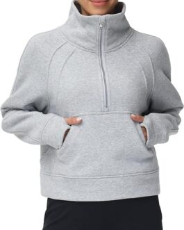 THE GYM PEOPLE Womens’ Half Zip Pullover Fleece Stand Collar Crop Sweatshirt with Pockets Thumb Hole