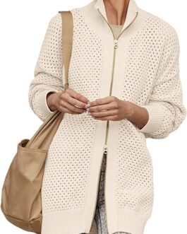 Women’s Turtleneck Zip Up Cardigan Sweaters Oversized Drop Shoulder Long Sleeve Casual Solid Mesh Knit Jumper Tops