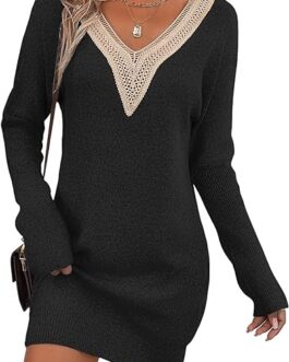 Sidefeel Women Lace Trim V Neck Long Sleeve Sweater Dress Bodycon Knit Mini Pullover Dresses