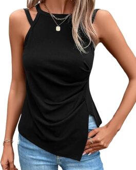 SOLY HUX Womens Summer Halter Tops Cut Out Ruched Split Side Asymmetrical Top Casual Sleeveless Cami Tank Top