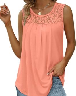 Saloogoe Summer Tank Tops for Women Loose Fit Pleated Tunics Scoop Neck Sleeveless Lace Tops Curved Hem Flowy