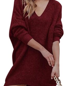 PRETTYGARDEN Women’s Pullover Sweater Dress Casual Long Sleeve Ribbed Knit V Neck Loose Oversized Sweaters Dresses