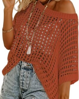 Dokotoo Womens Summer Scoop Neck Short Sleeve Sweater Casual Crochet Hollow Out Knit Tops Pullover Shirts Beach Coverup
