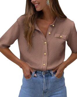 PRETTYGARDEN Women’s Summer Button Down Shirts Casual Short Sleeve Crew Neck Ribbed Knit Blouse Top Cardigans