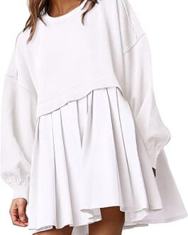 PRETTYGARDEN Women’s Casual Sweatshirt Dress Long Sleeve Patchwork Pullover Tops Pleated Mini Dresses