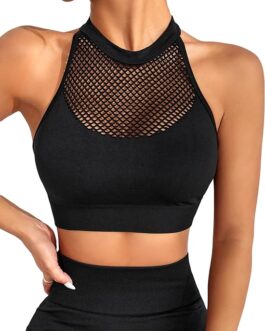COZYEASE Women’s Longline High Neck Sports Bra Hollow Out Backless Yoga Bra Workout Crop Tops Tank Top