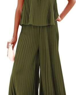 BTFBM Women Off Shoulder Summer Rompers 2024 Strapless Pleated Wide Leg Palazzo Pants Jumpsuit Casual One Piece Outfits