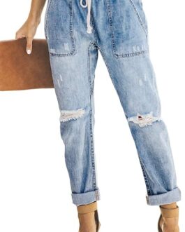 Metietila Women?s Casual Pull-on Distressed Stretch Jeans Elastic Waist Jean Denim Joggers Pants