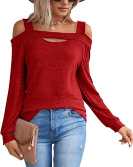 BZB Womens Sexy Cold Shoulder Tops Casual Long Sleeve Tunic Tops Loose fit Square Neck Off The Shoulder T Shirts Blouse