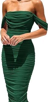 PRETTYGARDEN Women’s Summer Off The Shoulder Ruched Bodycon Dresses Sleeveless Fitted Party Club Midi Dress