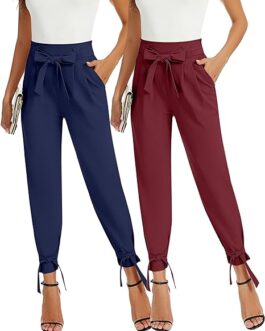 2 Pcs Women Casual Loose Pants Elastic High Waist Work Pants Paper Bag Pants Pencil Trousers with Bow Knot Pockets