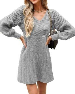 CUPSHE Women’s Sweater Dress V Neck Honeycomb Long Sleeve Textured Casual Knit Pullover Dresses