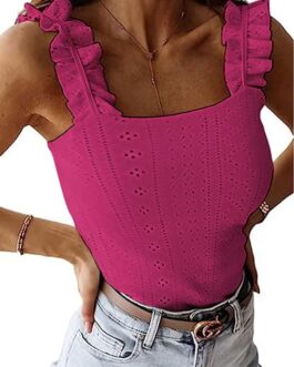 Remidoo Women’s Causal Sleeveless Frill Trim Strap Ribbed Knit Cami Tank Top