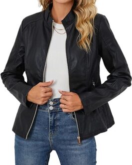Bellivera Faux Leather Jacket Women Motorcycle Zipper Bomber PU Bike Coat with Pockets