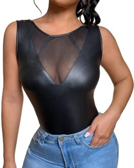 MakeMeChic Women’s Faux PU Leather Sleeveless Contrast Mesh Fitted Tank Top