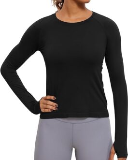 CRZ YOGA Womens Seamless Ribbed Workout Long Sleeve Shirts Quick Dry Gym Athletic Tops Breathable Running Shirt