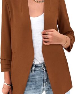 MASCOMODA Women’s 2023 Fall Ruched 3/4 Sleeve Open Front Blazer Jacket Casual Business Work Office Blazers with Pockets