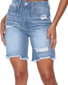 HUUSA Women’s High Waist Ripped Denim Shorts Frayed Hem Destroyed Mid Thigh Short Jeans Casual Bermuda Shorts with Pocket