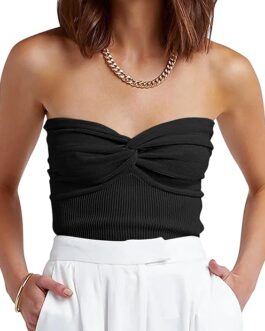 ANRABESS Women Strapless  Bandeau Crop Tube Top Sexy Ribbed Knit Twisted Knot Front Sleeveless Y2K Corset Tanks Tops