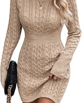 GORGLITTER Women’s Raglan Sleeve Cable Knit Sweater Dress Crewneck Slim Fit Short Pencil Dresses