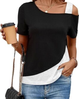 2024 Women’s Spring Summer Tops Short Sleeve Tunic Going Out Trendy Casual Off Cold Shoulder Blouse Loose Fit Shirt