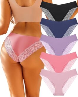 FINETOO Underwear for Women Lace Sexy Hipster V Cut No Show Bikini Panties Seamless Cheeky 5 Pack S-XL