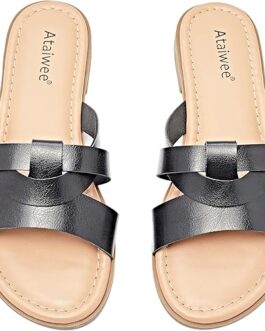 Ataiwee Women’s Flat Slide Sandals – Fashion Slip On Flat Summer Shoes.